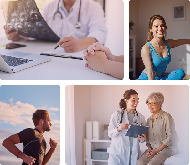 médico analisando exame neurológico ao lado de paciente com mãos unidas / mulher jovem e sorridente com roupa de exercício se alongando / homem idoso com roupa de exercício correndo ao ar livre / médica com prontuário explicando à paciente idosa