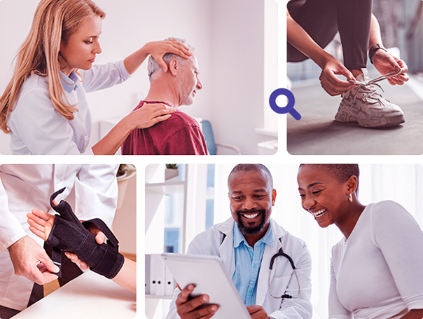 médica examinando o pescoço e cabeça de paciente / mulher agachada amarrando o tenis / médico realizando exame na mão de paciente / médico negro mostrando exames para paciente