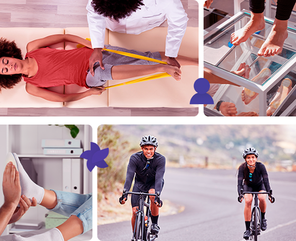 mulher jovem realizado exercício de recuperação no joelho com ortopedista / exame de pés para recuperação ortopédica / médico realizando exame no pé de paciente / asal de jovens andando de bicicleta em rodovia