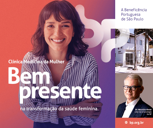 Banner sobre Medicina da Mulher BP na cor laranja e com uma mulher de óculos sorrindo