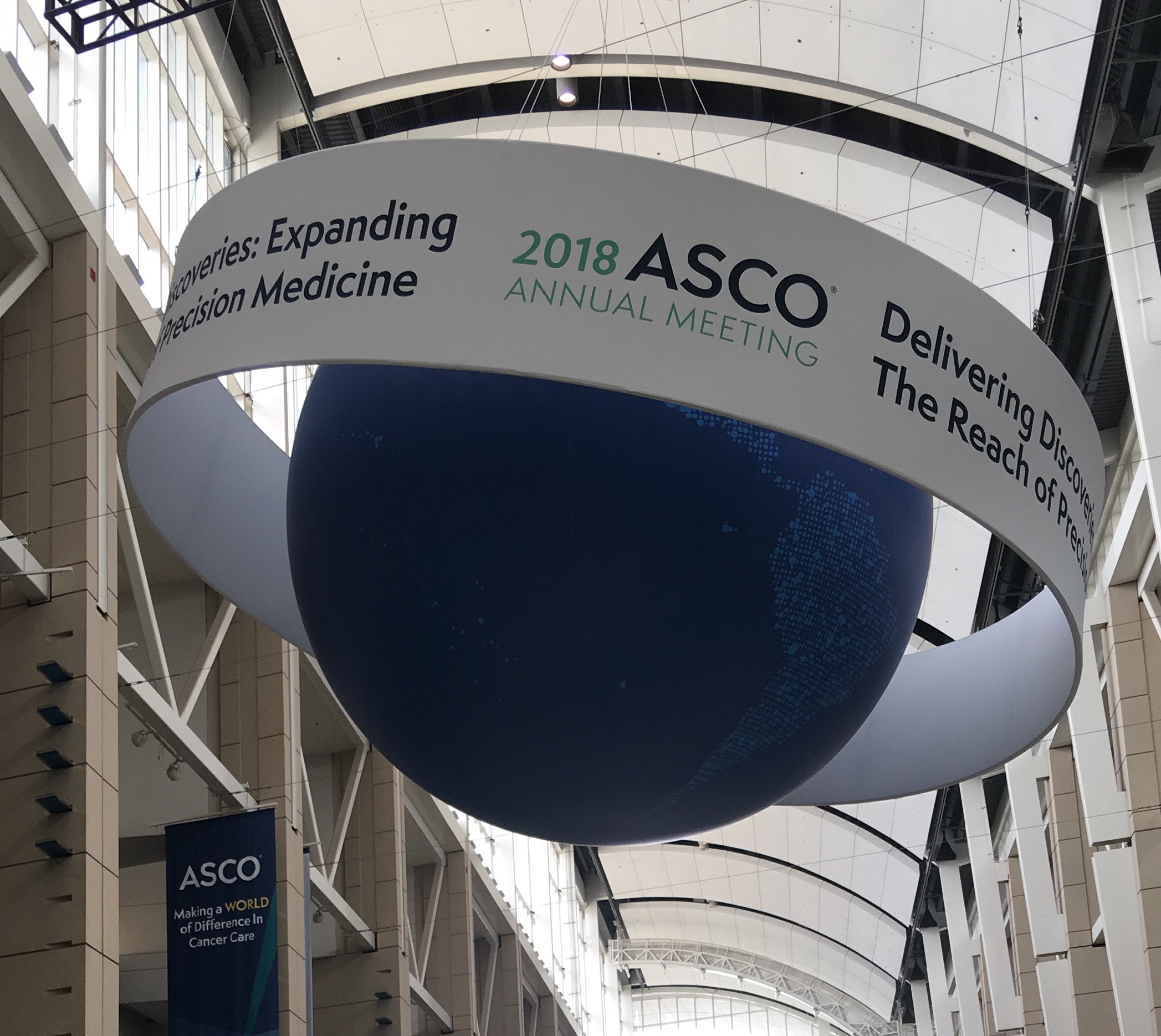 Foto do globo e faixa que representam a ASCO 2018