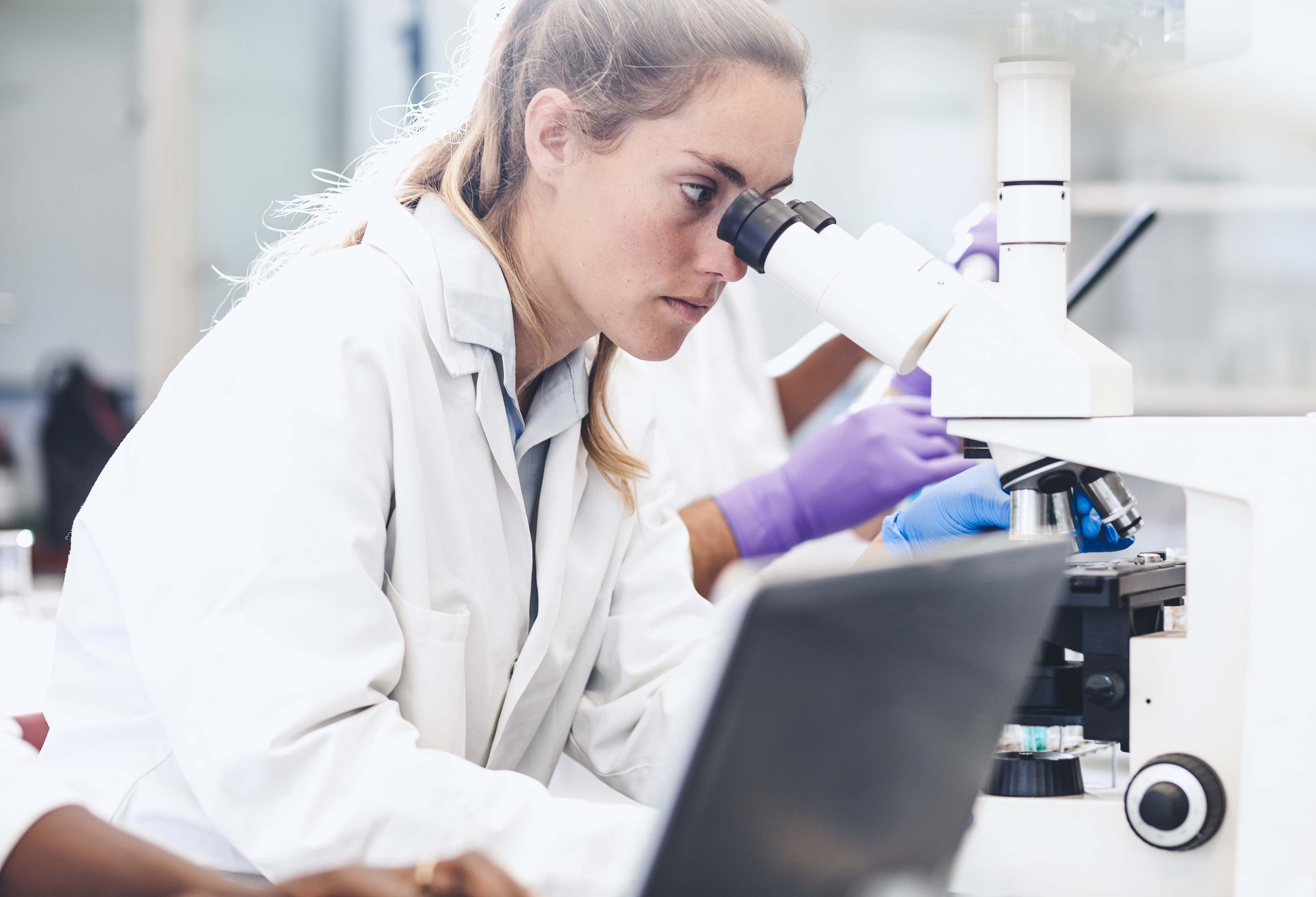 Cientista observa amostra em microscópio