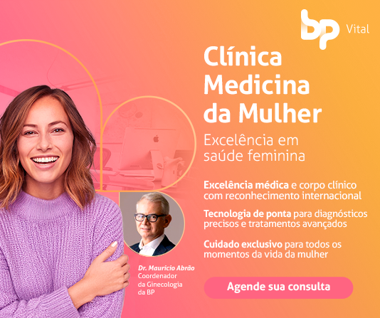 Banner sobre Medicina da Mulher BP na cor laranja e com uma mulher de óculos sorrindo