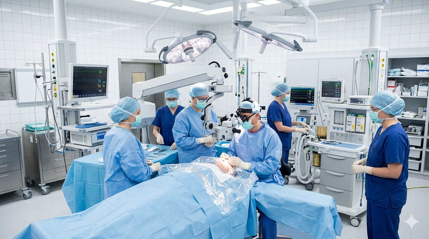 Um centro cirúrgico com médicos e enfermeiros durante uma cirurgia