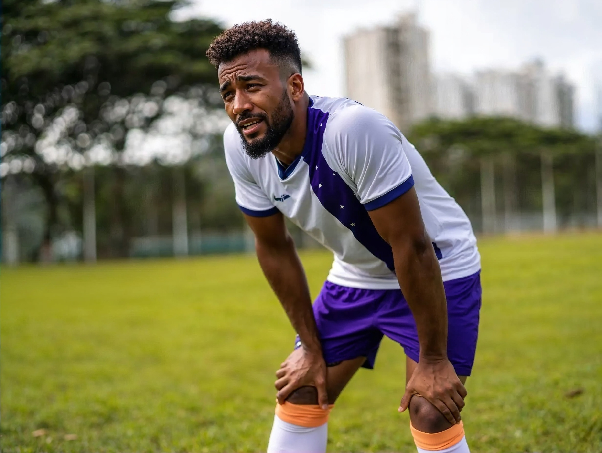 Um jogador de futebol com as mãos nos joelhos