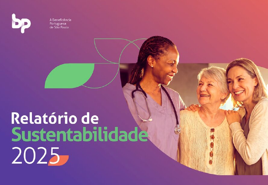 Capa do Relatório de Sustentabilidade 2025 da BP, com fundo roxo, título em letras brancas e verdes, logo da BP e uma imagem de três mulheres sorrindo, uma usando uniforme e estetoscópio e outras duas usando roupas regulares