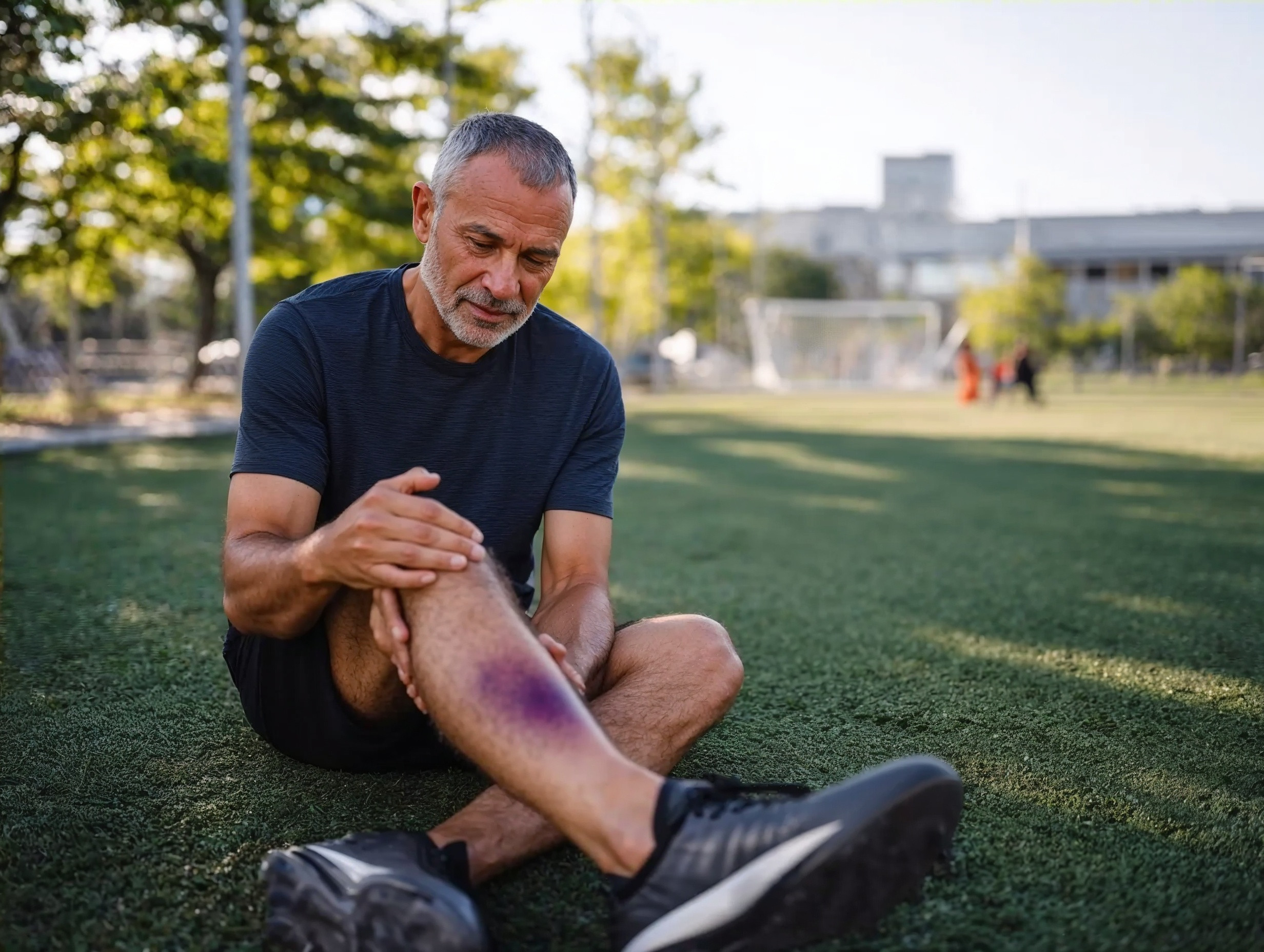 Um homem em um campo de futebol sentado no chão nas mãos na perna