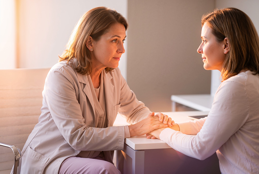 Uma médica segurando as mãos de uma paciente em um consultório