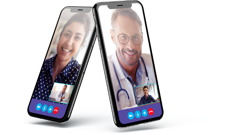 Imagem de dois celulares, um aparelho mostrando uma paciente e outro um médico
