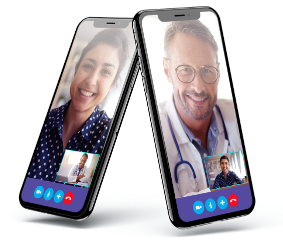 Imagem de dois celulares, um aparelho mostrando uma paciente e outro um médico
